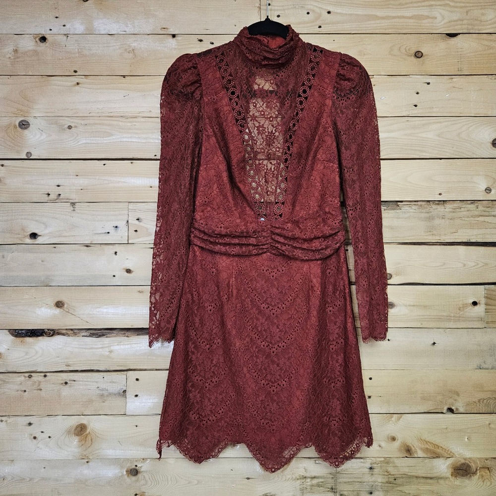 Saylor Celia Russet Lace Mock Neck Mini Dress Long Sleeve Puff Shoulder XS - Picture 2 of 10